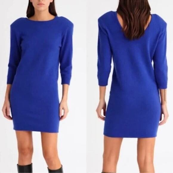 Frame Cashmere Padded Shoulder Mini Dress 3/4 Sleeve Royal Blue Size S NWOT $648 - Picture 1 of 12